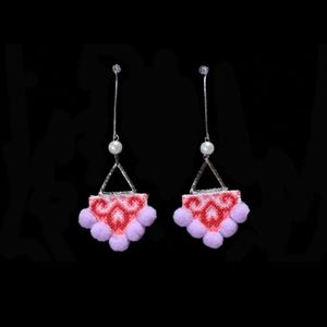 Lavender and pink/red Hmong pompom earrings